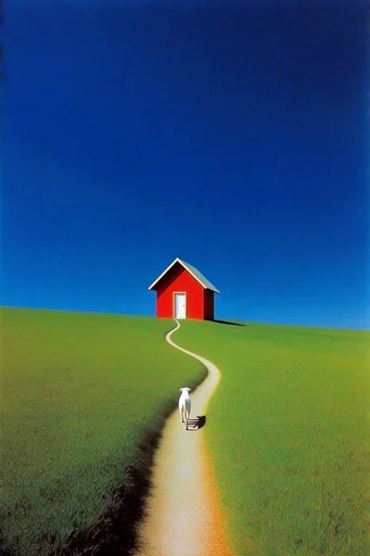 Surreal Retro-Futurist Pastoral style reference image — saturated cobalt twilight