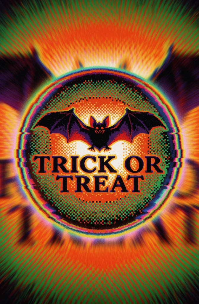 pixelated 16-bit digital dithered aesthetic, central bat silhouette hovering above the text "trick or treat", encapsulated within a glowing circular border, surrounded by radial streaking bare trees and weathered stone walls, hyper-saturated neon orange and toxic green highlights against an ink-black void, heavy stochastic noise, prominent four-point starburst lens flare, dramatic chiaroscuro, gritty crt texture, motion-blurred linear streaks, surreal nostalgic atmosphere.