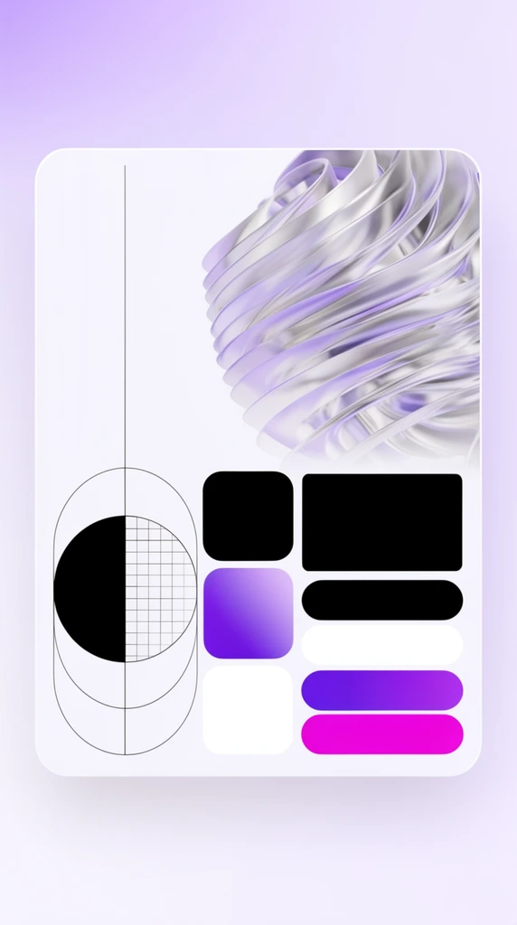 A floating white rounded rectangular card over a soft pale violet gradient background displays a modern geometric layout. The top right features an abstract 3D rendering of swirling translucent silver and pale purple ridges. The bottom left shows a split black and grid-patterned circle intersected by vertical lines and concentric arcs. The lower center aligns three rounded squares in solid black, purple gradient, and white, alongside a large black rectangular block. The bottom right stacks four pill-shaped horizontal swatches in black, white, vivid purple, and bright magenta. Clean, minimalist styling defines the composition.