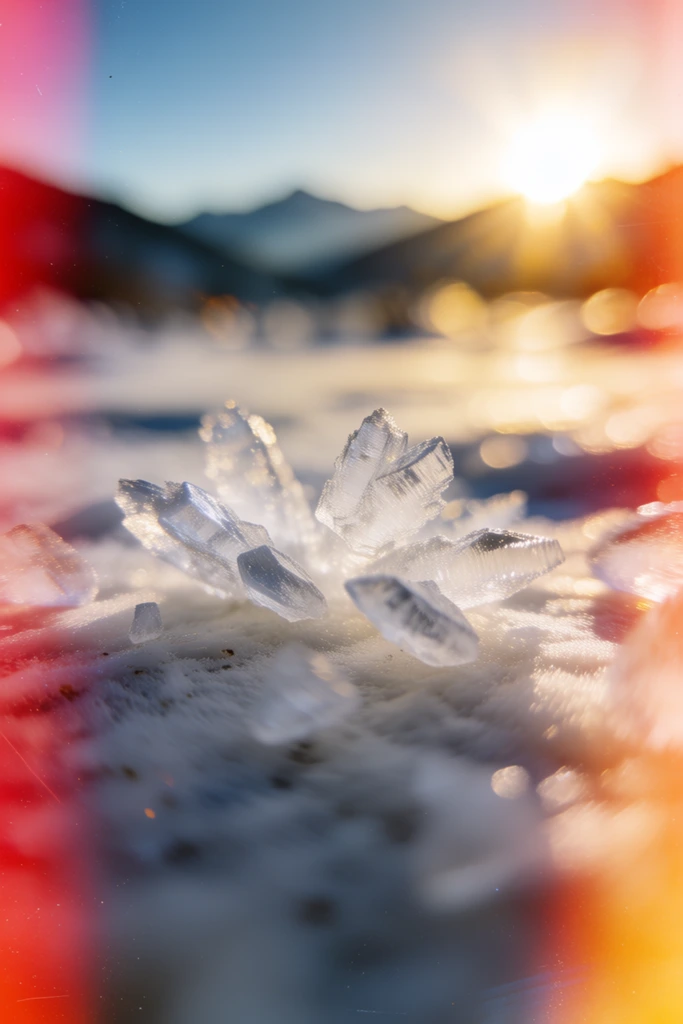 macro translucent ice crystals on textured white ground, extreme shallow depth of field, distant mountains, golden sunlight, red and orange light leaks, vintage film photography
