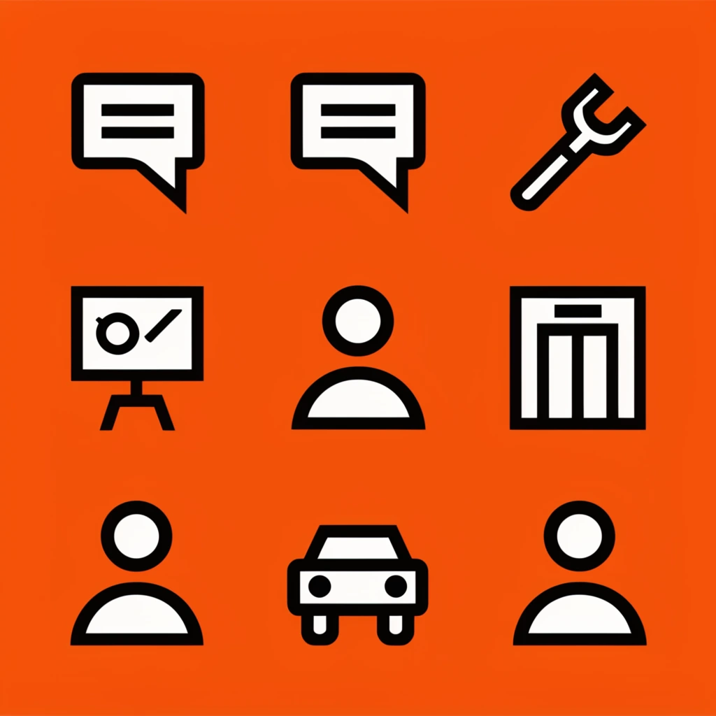 black and white minimalist vector icons on a solid bright orange background, geometric pictograms, speech bubbles, tools, human figures, presentation board, car silhouette, elevator doors, thick uniform lines, flat high contrast design