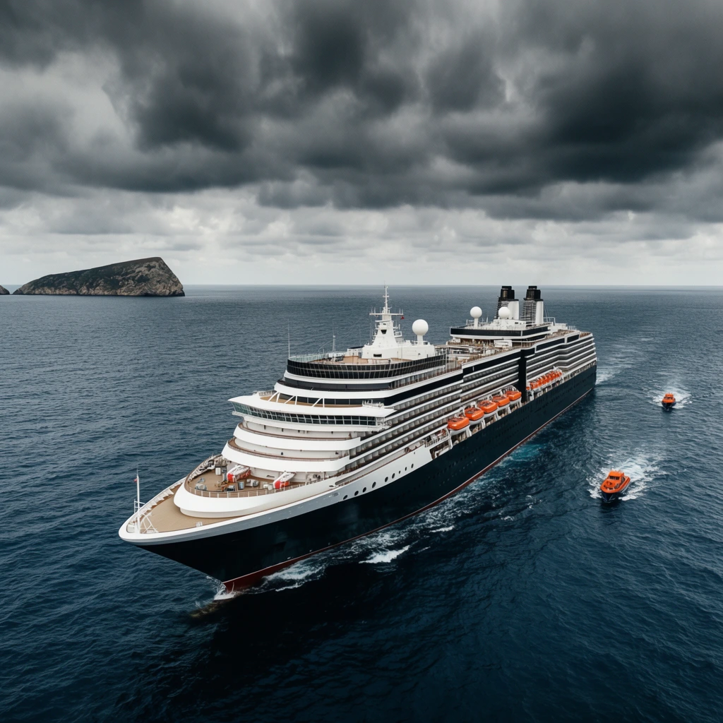 A massive luxury cruise ship cuts through deep blue ocean waters beneath a dramatic, heavy overcast sky. Captured from a high-angle aerial perspective, the vessel features a dark hull, a multi-tiered white superstructure with twin smokestacks, and bright orange lifeboats. Two small orange tender boats navigate nearby in the wake. The vast sea stretches toward a distant rocky island on the left horizon. The moody, photorealistic composition brilliantly contrasts the stark white and vivid orange maritime details against the desaturated, cinematic tones of the turbulent sky and textured water.