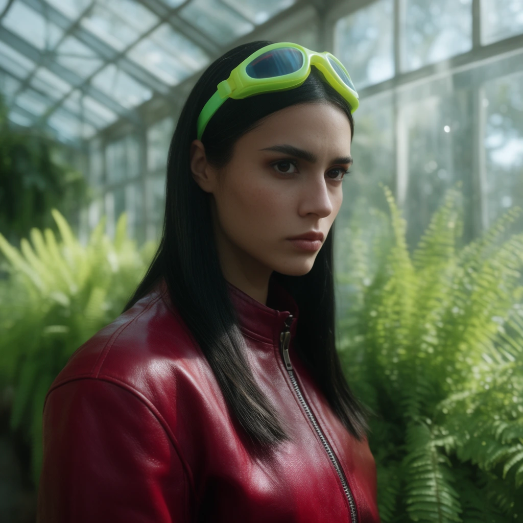 A young adult stands in a sunlit botanical greenhouse wearing a crimson leather jacket. Sleek dark hair and neon goggles rest above a serious, focused face. Bright green ferns and glass panels fill the softly blurred background. The cinematic portrait features a shallow depth of field and soft lighting.