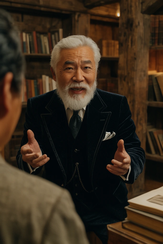 older Asian man with white beard speaking animatedly, tailored dark velvet suit, rustic wooden library, over-the-shoulder cinematic framing, warm lighting