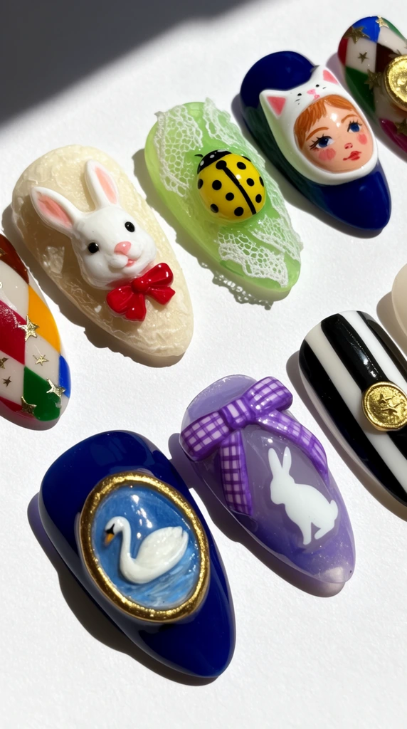 Glossy, almond-shaped artificial nails with intricate 3D sculptural art scatter across a bright white surface under harsh sunlight casting sharp shadows. The tactile, miniature designs include a sculpted white bunny head wearing a red bow tie on a textured cream base, a yellow ladybug with black spots resting on translucent green over white lace, and a painted girl's face inside a white cat hood on dark blue. Other colorful nails feature a gold-framed blue oval swan cameo, a purple checkered ribbon over a white rabbit silhouette, harlequin diamonds with metallic stars, and black-and-white stripes bearing a gold token.
