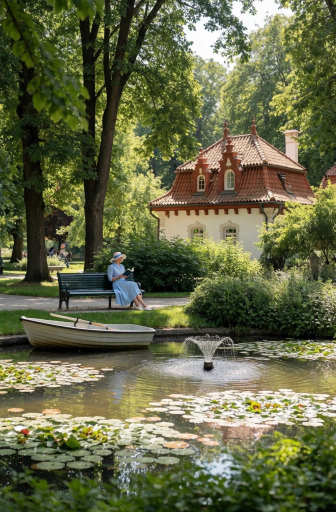 woman reading on a park bench by a pond, oil painting, serene impressionist mood