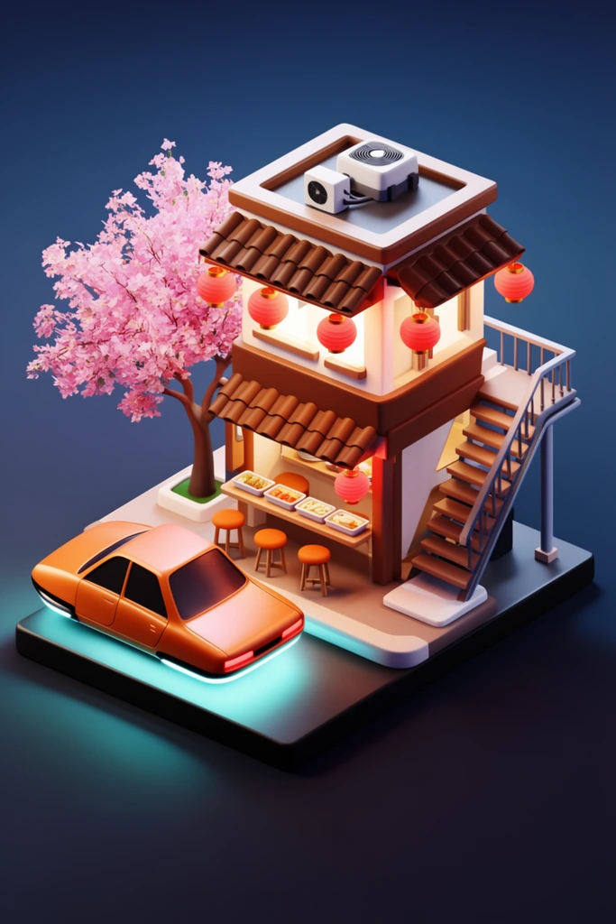 3D isometric diorama of a two-story street food stall, brown tiled awnings, red paper lanterns, outdoor counter with orange stools, pink cherry blossom tree, orange hover car with glowing cyan undercarriage, external stairs, smooth stylized render, dark blue background