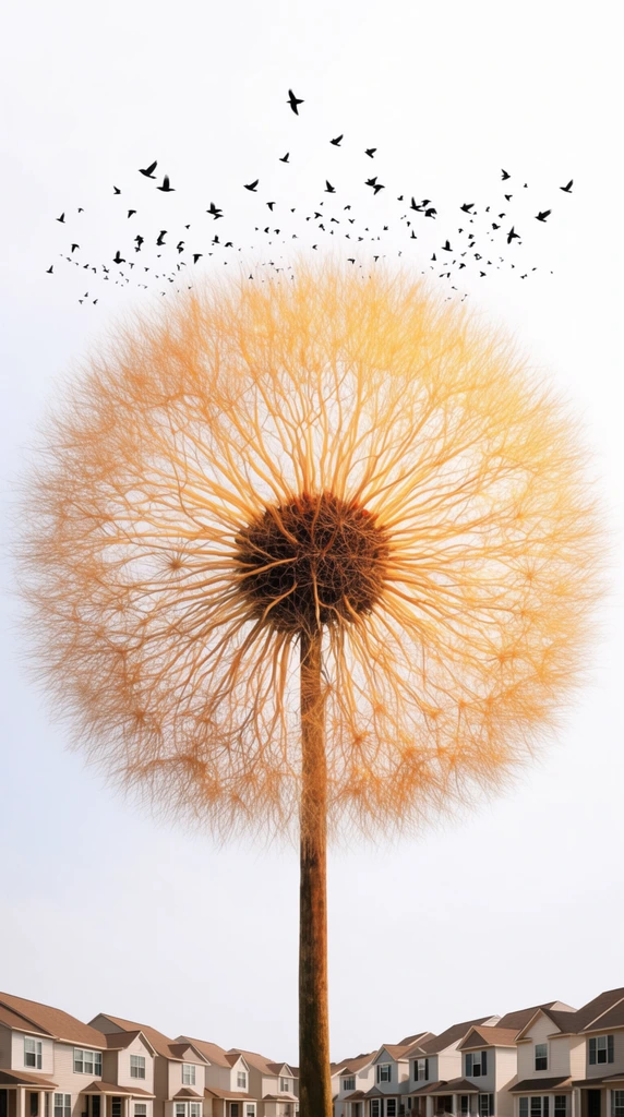 A surreal composite landscape featuring a towering tree manipulated to resemble a giant dandelion. A straight brown trunk rises to a dense, dark nest-like structure, from which thousands of fine bare branches radiate outward in a perfect, glowing golden-orange sphere. A scattered flock of black birds flies above the spherical canopy against a stark white, high-key sky. At the base, a row of identical suburban houses with light siding and brown roofs contrasts the ethereal botanical subject.
