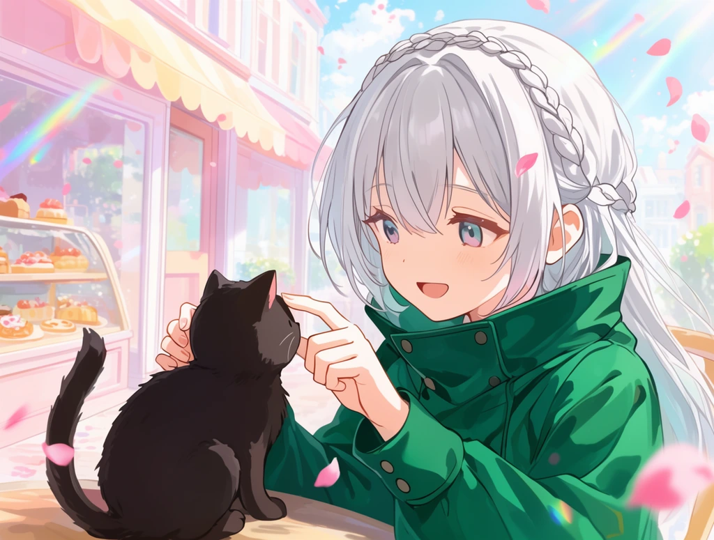anime-style girl with silver hair and braided crown gently petting a small black kitten, wearing an emerald green high-collared jacket, warm smiling expression, outdoor sunny cafe setting, pastel bakery storefront window displaying pastries, pink flower petals falling through the air, vibrant sunlight, rainbow lens flare, soft pastel color palette, high-key anime illustration style, close-up POV framing