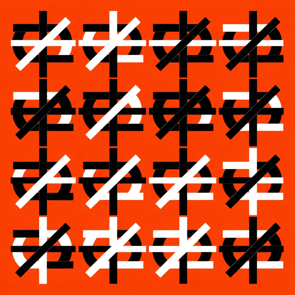 A bold, high-contrast abstract geometric pattern set against a vibrant, solid orange background. The composition consists of a repeating grid of thick, flat black and stark white intersecting linear forms. Overlapping vertical, horizontal, and diagonal bars create dense, clustered structures, contrasting with smooth, sweeping black crescent-like curves intersected by single horizontal lines. The overlapping elements create a layered optical effect through stark color inversion, where white segments precisely cross over black counterparts. The design is purely graphic, utilizing a stark two-color foreground palette over the intensely saturated background to establish a rigid, rhythmic, and brutalist visual rhythm.