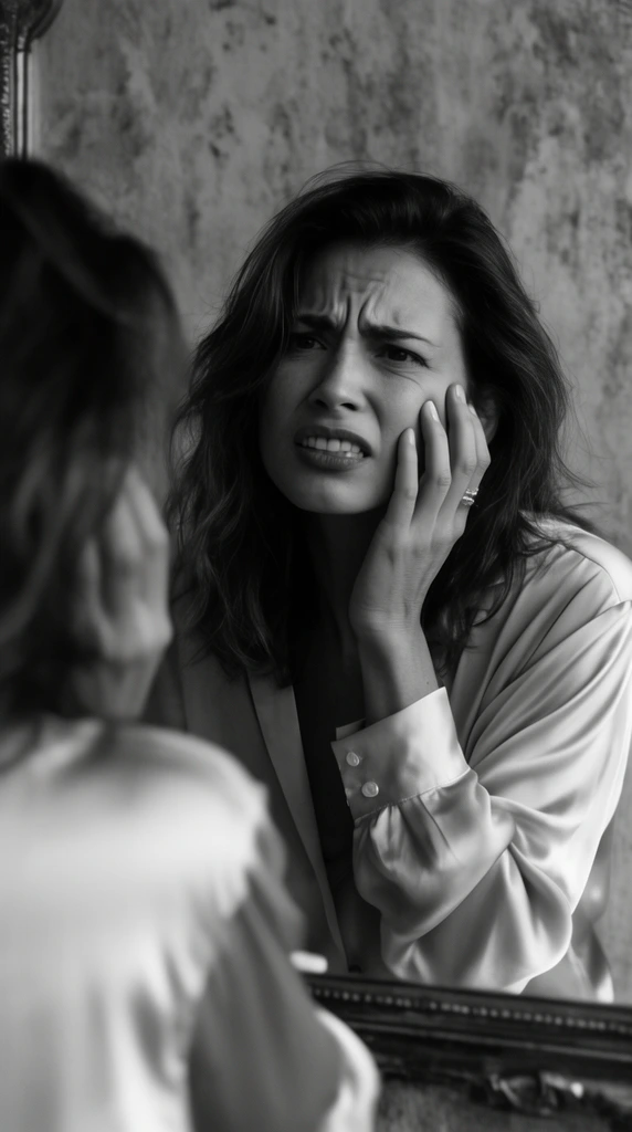 black and white photography, woman in a silk blouse touching her face, looking into a mirror with a tense expression, textured wall background