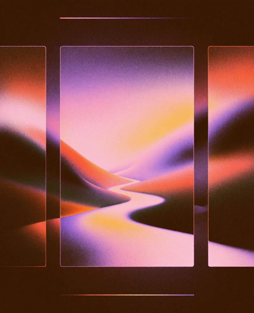 landscape viewed through three vertical rectangular frames with a river winding through a valley, heavy granular stippled texture, high digital noise, soft airbrushed gradients, glowing neon pink and purple luminescence against a deep sepia brown background, minimalist triptych composition, ethereal light emitting from the center, thin horizontal accent lines at the top and bottom, atmospheric and hazy aesthetic, retro-futuristic lo-fi style, dreamy and abstract mood.