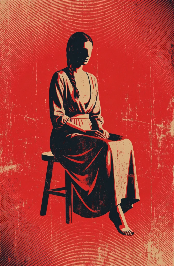 a woman sitting on a small wooden stool in the center, wearing a long flowing dress with draped fabric and a single braid over her right shoulder, hands in lap and right foot pointed, high-contrast graphic poster aesthetic, flat tricolor palette of crimson red charcoal black and toasted almond beige, heavy distressed grit texture, scratched emulsion grain, weathered vintage screen print quality, radiating linear composition, minimalist vector-inspired silhouette, matte finish.