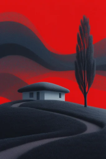 Crimson Velvet Surrealism style reference image — minimalist scale juxtaposition