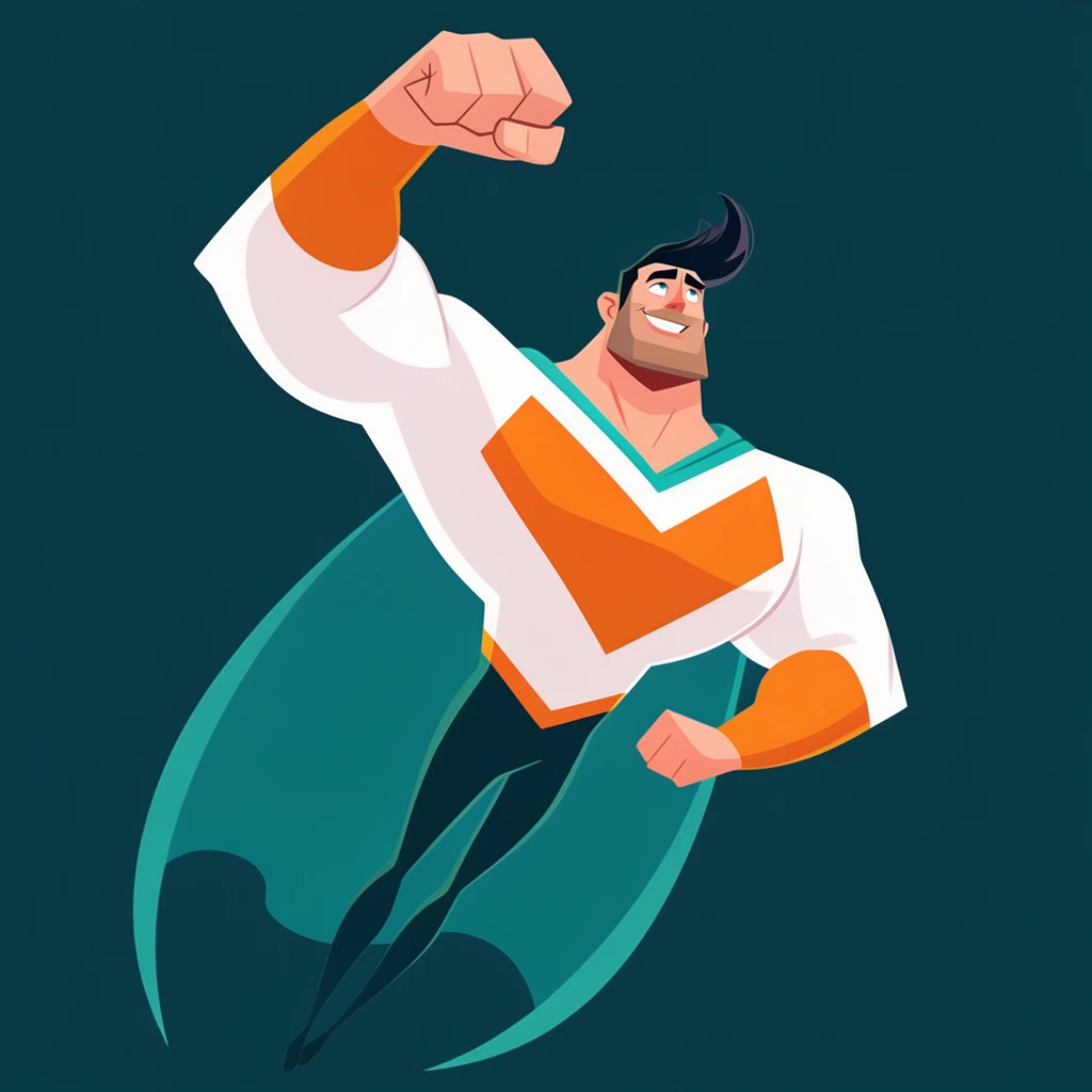 A stylized 2D vector illustration of an exaggeratedly muscular superhero soaring upward against a solid dark teal background. The character features extreme proportions with a massive chest, thick arms, and remarkably thin legs. He thrusts his right fist high in a dynamic flying pose, looking upward with a confident smile, strong square jaw, brown stubble, and dark hair swept into a prominent quiff. He wears a tight white top featuring a large orange geometric chevron, paired with dark teal tights and a flowing teal cape formed by sleek, sweeping curves. The artwork employs a flat graphic design aesthetic with bold color blocking, crisp edges, and minimal shading. An extreme low-angle perspective emphasizes the upward motion and his immense upper body bulk.