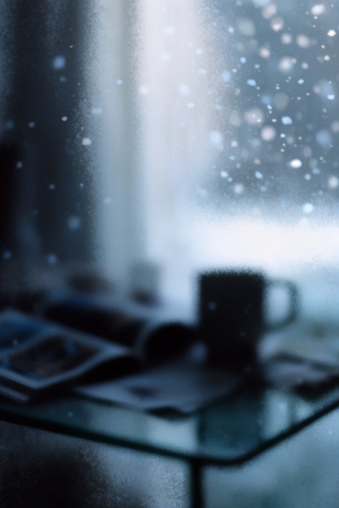 An extreme out-of-focus, highly blurred composition features a glass table holding an open magazine, a mug, and scattered papers, all reduced to dark, indistinct silhouettes. Indoors, falling snow descends near a bright window, with the individual flakes registering as soft, glowing white and pale blue bokeh orbs. The scene is heavily backlit by the luminous, diffuse window light, casting the foreground objects into deep, heavy shadow. The color palette is entirely composed of cold, monochromatic tones, utilizing deep indigos, muted slate grays, icy cyans, and stark whites. A dense, coarse film grain and frosted texture overlay the entire frame, rendering the subjects as abstract, continuously soft, bleeding shapes of dark and light within an impressionistic photographic style.