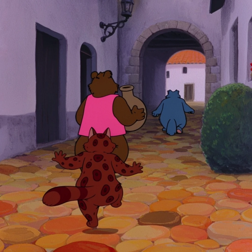 Three anthropomorphic animal characters navigate a narrow alleyway rendered in a classic hand-drawn 2D animation style. In the foreground, a small reddish-brown feline figure with dark spots runs energetically forward with outstretched arms. Behind it, a taller brown bear-like character in a bright pink sleeveless top carries a large rounded jug. Further down the path, a blue-furred character walks away toward a stone archway framing a distant white building with an orange roof. The street is paved with large, distinctively rounded cobblestones in warm shades of orange, yellow, and brown. The surrounding buildings feature smooth, pale purple and white stucco walls, dark doorways, a vintage wall lamp, and a rounded green bush, all bathed in soft, muted ambient lighting.
