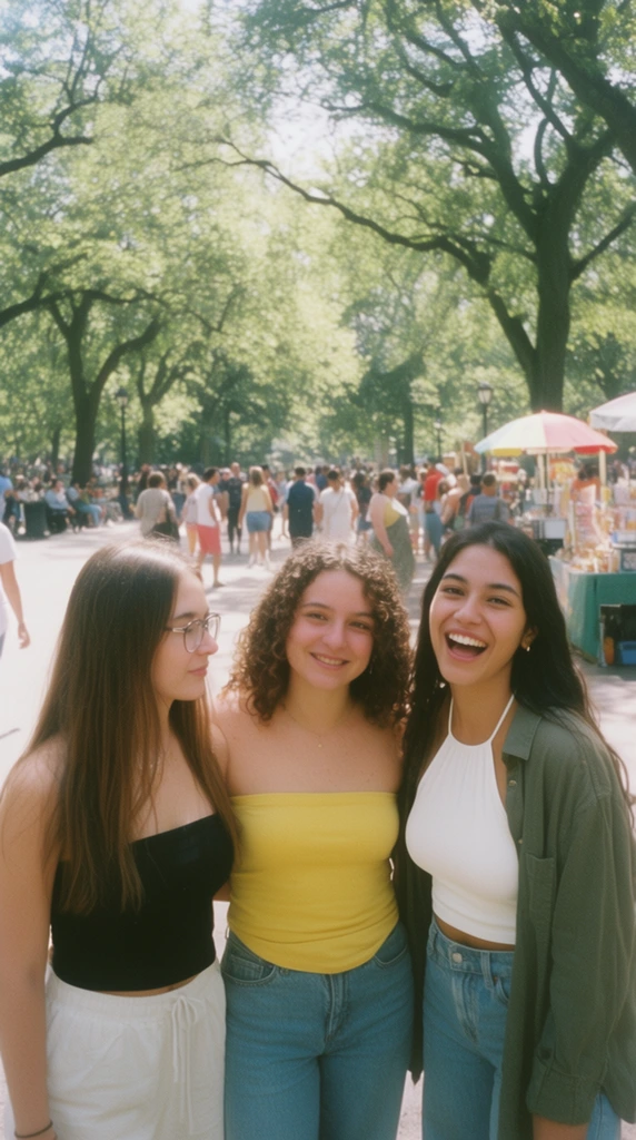 Three young women stand together on a sunlit park walkway, captured in a candid film photography style. The woman on the left has long straight brown hair, glasses, and a black tube top, glancing toward her friends. In the center, a woman with curly brown hair and a yellow tube top smiles warmly at the camera. On the right, a woman with long dark hair, a white halter top, and an olive green overshirt laughs openly. Behind them, sprawling mature trees cast dappled shadows over a crowd of people strolling through the bustling park, with small vendor tables visible on the right. The waist-up composition features bright natural daylight, soft focus, and the slightly washed-out color grading typical of vintage analog snapshots.