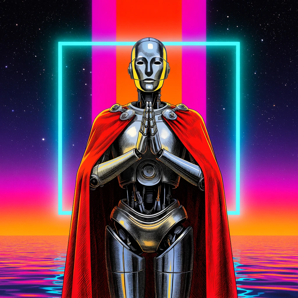 A metallic humanoid android stands symmetrically centered with hands clasped in prayer, draped in a flowing red cape. The robot features a smooth silver face with narrow eye slits and a segmented body rendered with heavy black cross-hatching. Behind the figure, a glowing cyan neon square overlaps a starry night sky intersected by vibrant vertical bands of magenta and orange. The android is positioned above a rippling body of water that mirrors the intense colors of the surreal, retro-futuristic environment.
