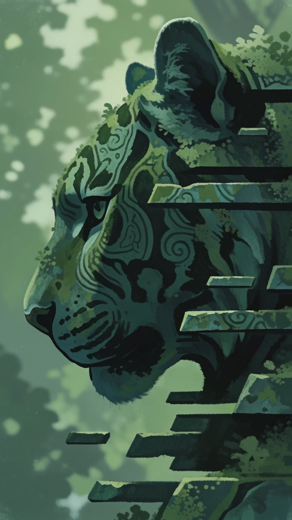 painterly digital illustration, bird's-eye view, profile of a feline head in weathered mossy stone, monochromatic palette of viridian and sage green, numerous horizontal rectangular shards slicing through the form from right to left, stippled brushwork, soft-focus dappled lighting, overgrown lichen patterns, ancient ruin aesthetic, serene mystical atmosphere, subtle highlights on geometric edges, dense organic textures, high-angle composition, rich atmospheric depth, soft-edged strokes