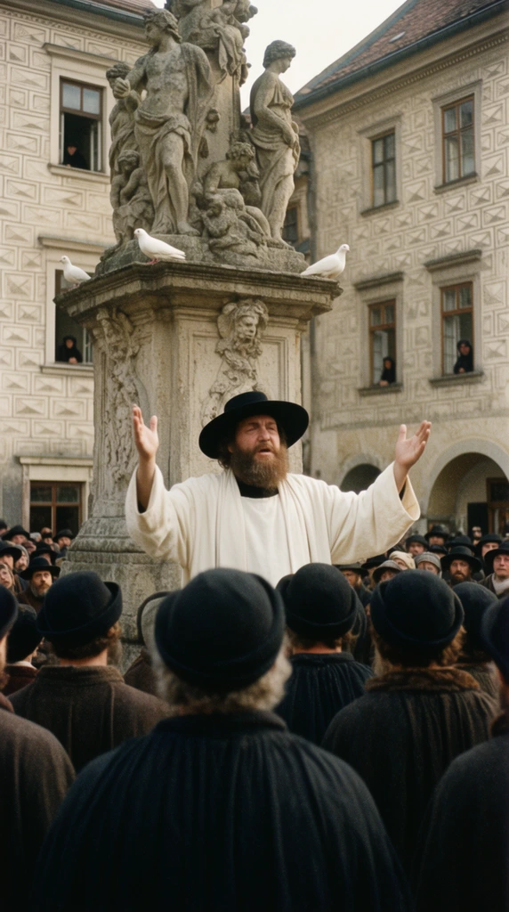 A bearded man in a white robe and black wide-brimmed hat stands with raised arms, addressing a crowd in a historic town square. The foreground is packed with onlookers viewed from behind, mostly wearing dark cloaks and matching black hats. Behind the speaker rises an ornate stone monument featuring sculpted classical figures and two perched white doves. The background is framed by pale buildings decorated with geometric sgraffito patterns, where shadowy figures watch from open windows. Shot with a vintage cinematic aesthetic, the image features soft natural daylight, muted tones, and subtle 35mm film grain.
