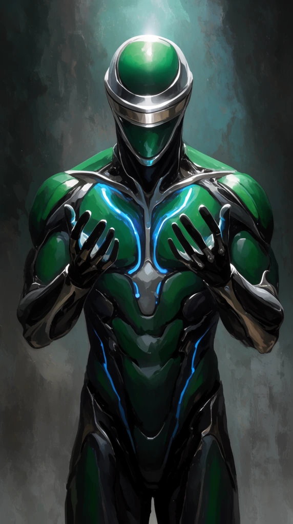 humanoid figure in sleek biomechanical armor, standing with arms raised, looking down at open hands in discovery, emerald green and charcoal suit, polished silver accents, smooth helmet with a horizontal silver visor, glowing blue energy lines on chest, dramatic overhead cinematic lighting, textured dark grey and muted teal background, digital painting, high contrast, concept art style