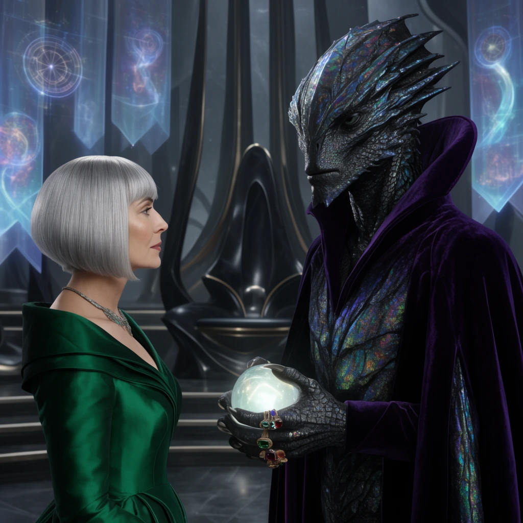 A regal queen with a sleek silver bob cut wearing a structured emerald gown stands in profile facing a towering alien ambassador covered in iridescent black scales and a high-collared purple velvet cloak. The ambassador clasps a glowing orb in clawed hands adorned with jeweled rings. The mid-shot highlights their diplomatic exchange within a grand, futuristic throne room lit by cool cinematic lighting. Floating holographic banners and sleek obsidian pillars fill the background.