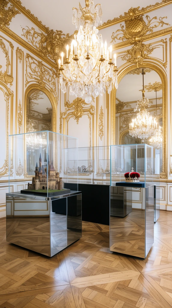 A grand classical hall features white walls with intricate gold stucco molding and arched mirrors reflecting crystal chandeliers. Sleek mirrored and clear glass exhibition cases dominate the center above a geometric parquet wooden floor. The transparent displays house artifacts including a miniature castle model and a red velvet crown. Wide-angle architectural photography captures the striking visual contrast between historical opulence and minimalist modern design under bright, warm lighting.