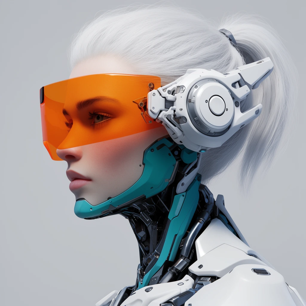 profile portrait of a female cyborg, stark white hair, oversized orange translucent visor, intricate white mechanical headset, teal cybernetic accents, synthetic neck with exposed dark metal joints, white armor plating, pale skin, solid light gray background, high resolution 3D render, sleek futuristic aesthetic, clean studio lighting