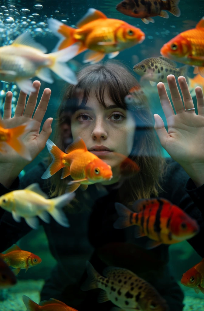 A young woman stares directly forward through the glass of a crowded aquarium filled with various swimming fish. The woman has shoulder-length brown hair with straight bangs, light-colored eyes, and faint freckles across her nose and cheeks. She positions her face in the center of the frame, pressing her hands flat against the glass on either side of her head, with a thin silver ring visible on her left ring finger. She wears a dark, long-sleeved shirt that blends into the shadows behind her. Numerous fish in shades of vibrant orange, pale yellow, white, and striped brown swim between her and the camera lens, some appearing in sharp detail while those in the immediate foreground are softly blurred. The water within the tank has a deep teal hue, creating a cool-toned environment that contrasts with the warm oranges of the fish. The scene is captured from a straight-on, eye-level perspective with a shallow depth of field, emphasizing the layers of water and glass between the viewer and the subject. Soft, ambient lighting illuminates the woman's face through the water, while faint reflections of the surrounding room appear on the surface of the aquarium glass.