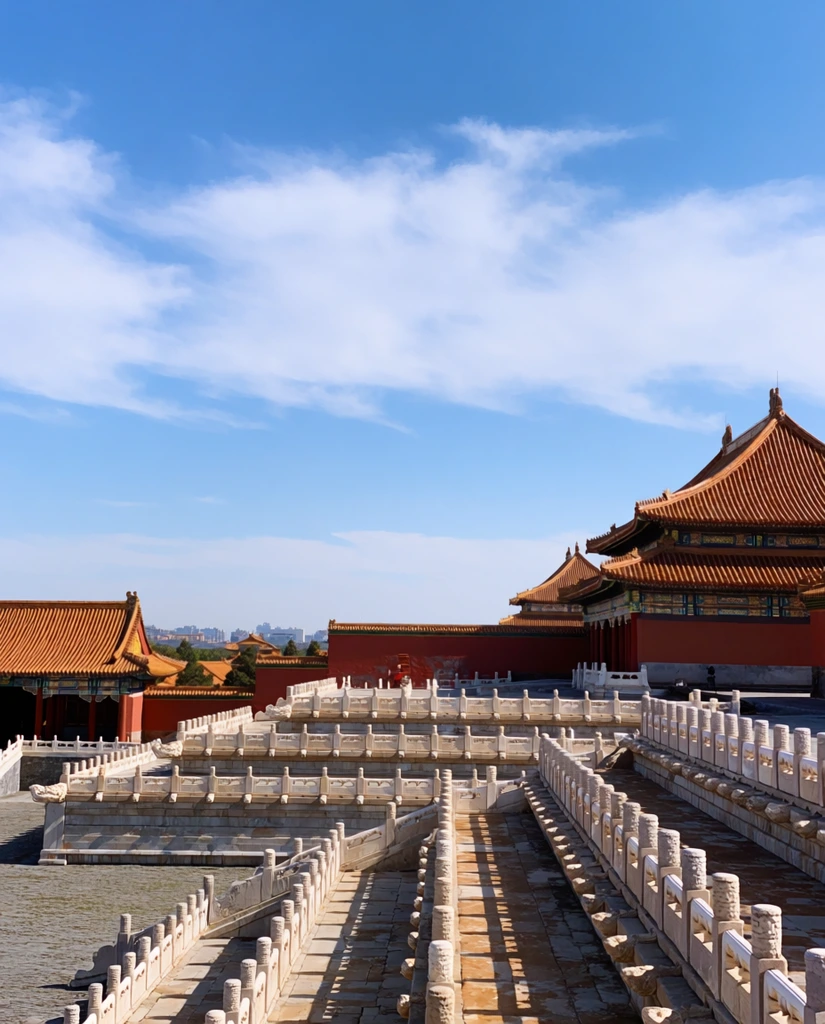 traditional Chinese palace complex, expansive tiered white marble terraces with intricately carved balustrades and stone pillars, grand pavilions featuring sweeping orange-red glazed tile roofs and ornate golden gables, deep red painted walls, bright natural sunlight casting sharp shadows, distant hazy city skyline, vast bright blue sky with wispy white clouds, wide-angle architectural landscape photography, vivid color contrast between warm roofs and cool sky