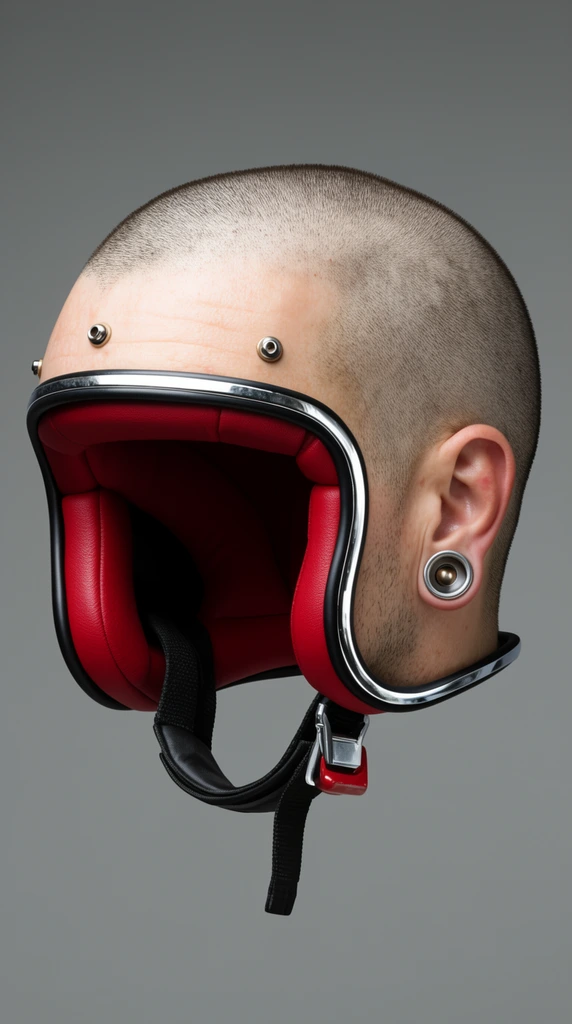 surreal open-face motorcycle helmet, photorealistic shaved human head exterior, visible ear with metal gauge, chrome trim, red padded interior, grey background
