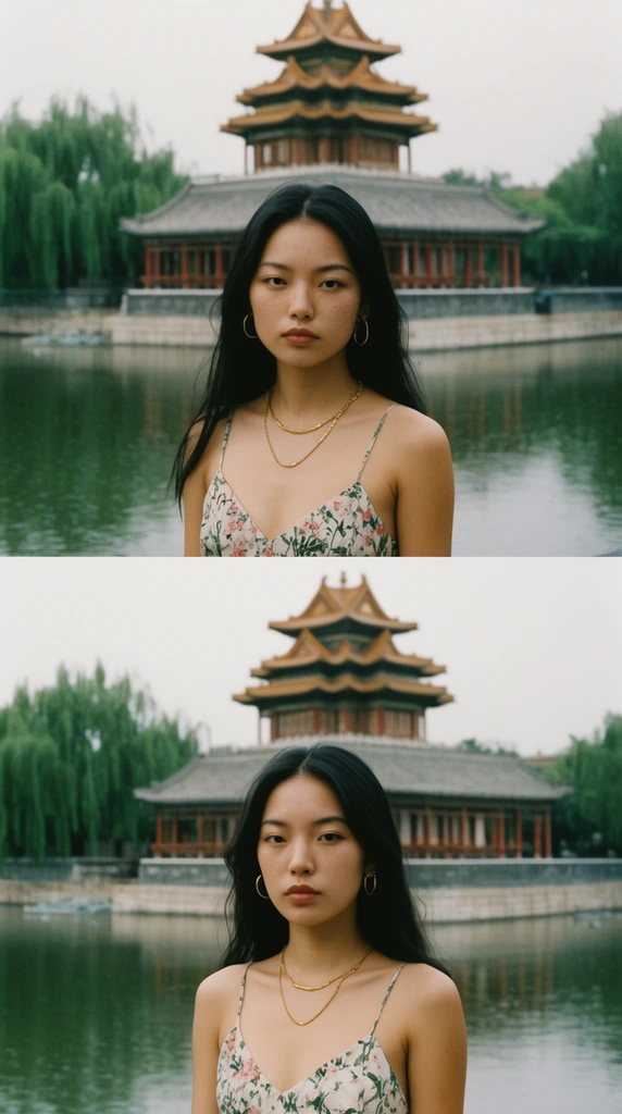 Two stacked film portraits, young Asian woman with long black hair, neutral gaze, thin strap floral dress, gold jewelry, calm lake foreground, traditional East Asian multi-tiered pavilion background, willow trees, soft overcast lighting, 35mm film grain, shallow depth of field