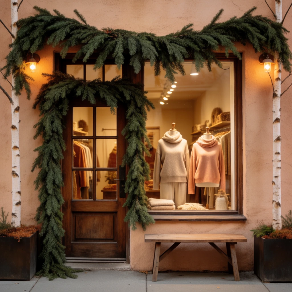 A cozy boutique storefront facade bathed in warm, earthy tones. The exterior stucco wall is a soft peach color, framed by a thick, cascading garland of dark green pine branches draped across the top and down the sides of a dark wood paned door and a large glass display window. Small, glowing wall sconces emit a warm amber light near the upper corners. Slender white birch tree trunks stand vertically in square dark planters on either side of the entrance. Inside the gently lit display window, mannequin busts model soft beige and peach knitwear. A simple wooden bench rests on the gray sidewalk directly beneath the window ledge. The straight-on, symmetrical architectural composition highlights the inviting, rustic, and autumnal aesthetic.