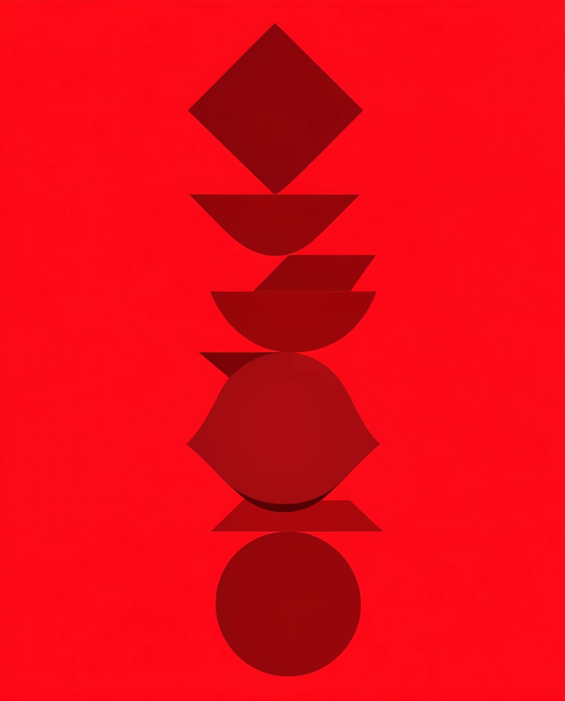 vivid bright red background, central vertical stack of dark crimson geometric forms, stark monochromatic contrast, expansive negative space, flat graphic design, minimalist style