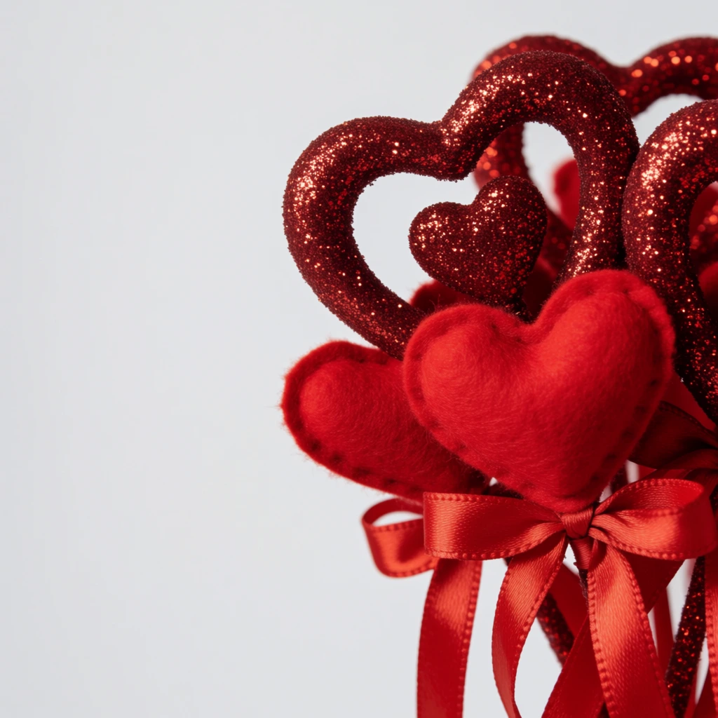 A close-up view of a dense cluster of decorative red hearts tied with satin ribbons against a stark light gray background. The top of the arrangement features large, hollow heart outlines heavily coated in sparkling dark red glitter, with one smaller solid glitter heart visible inside the primary shape. Nestled in the foreground are solid, plump hearts crafted from soft, matte bright red felt. Glossy red satin ribbons cascade downward from the stems. Anchored on the right side of the frame, the macro composition leaves generous negative space on the left. Diffused lighting emphasizes the striking textural contrast between the rough, reflective glitter and the smooth, fuzzy fabric.