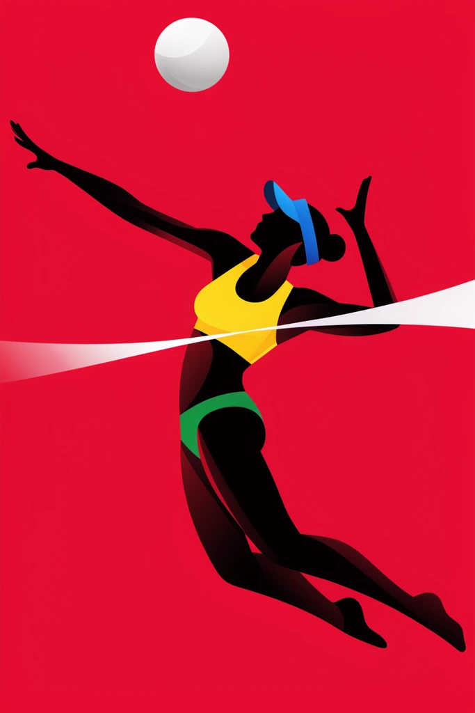 A bold vector illustration captures the dark silhouette of a female volleyball player suspended mid-air against a vibrant crimson background. The athletic figure leans forward dynamically, her left arm fully extended and right arm cocked back to strike a smooth white sphere floating above. She wears a bright yellow sports bra, green bikini bottoms, and a blue sun visor. A sweeping, tapered white ribbon graphic flows horizontally across the frame, intersecting her torso. The artwork utilizes sharp color blocking, crisp edges, and subtle internal gradients within the dark silhouette defining the contours of her musculature. The composition focuses entirely on fluid athletic motion and high-contrast geometric shapes within an abstract space.