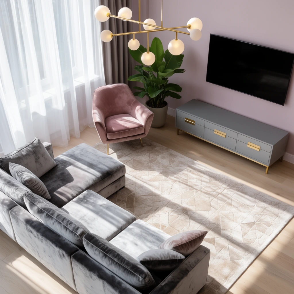 A high-angle architectural view of a sunlit contemporary living room. Bright sunlight streams through sheer white curtains, casting sharp diagonal shadows across a plush gray velvet sectional sofa and a geometric beige area rug over light wood flooring. A dusty rose velvet armchair with gold legs sits near a broad-leafed potted plant. Against a pale mauve wall, a flat black rectangular screen hangs above a sleek gray media console accented with gold hardware. A minimalist gold chandelier with frosted spherical bulbs suspends overhead, highlighting the room's luxurious textures and soft muted pastel palette.