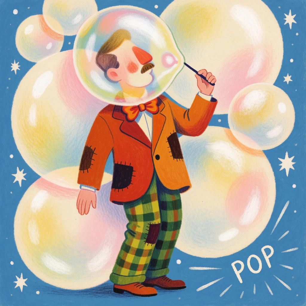 A whimsical illustration depicts a man dressed in a clown-like suit, standing amidst a cluster of large, shimmering bubbles against a blue background. The man, positioned centrally, wears an oversized orange blazer with dark brown patches, a red and orange bow tie, green and dark green checkered pants with a small dark patch on the left knee, and brown shoes. His face is mostly obscured by a massive, iridescent bubble that he appears to have just blown using a wand held in his raised left hand. This large bubble distortingly reflects his facial features, showing a simplified nose and mustache. The man's right arm hangs down by his side, while his body is slightly turned to his left. Surrounding him are several other large, translucent bubbles in various shades of cream, yellow, and soft pink, which fill the composition. The background is a solid cerulean blue, dotted with white, four-pointed stars and small white specks. In the bottom right corner, the word "POP" is written in a simple, white, capitalized sans-serif font, accompanied by radiating white lines that suggest the bursting of a bubble. The illustration style is soft and textured, reminiscent of colored pencils or pastels on paper, with visible grain and a warm, vibrant color palette. The lighting is diffused, giving the entire scene a dreamy and surreal quality.