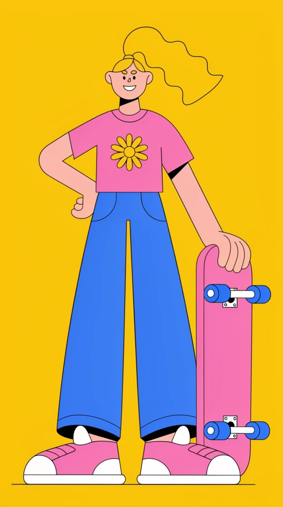 Flat vector illustration of a smiling stylized figure holding a pink skateboard against a solid bright yellow background. The character features exaggerated, elongated proportions with a high wavy blonde ponytail. She wears a pink t-shirt displaying a central yellow daisy, loose blue pants, and oversized pink and white sneakers. One hand rests on her hip, while the other grips the vertically held skateboard with blue wheels. The art style employs bold black outlines, no shading, and vibrant, solid color blocks.