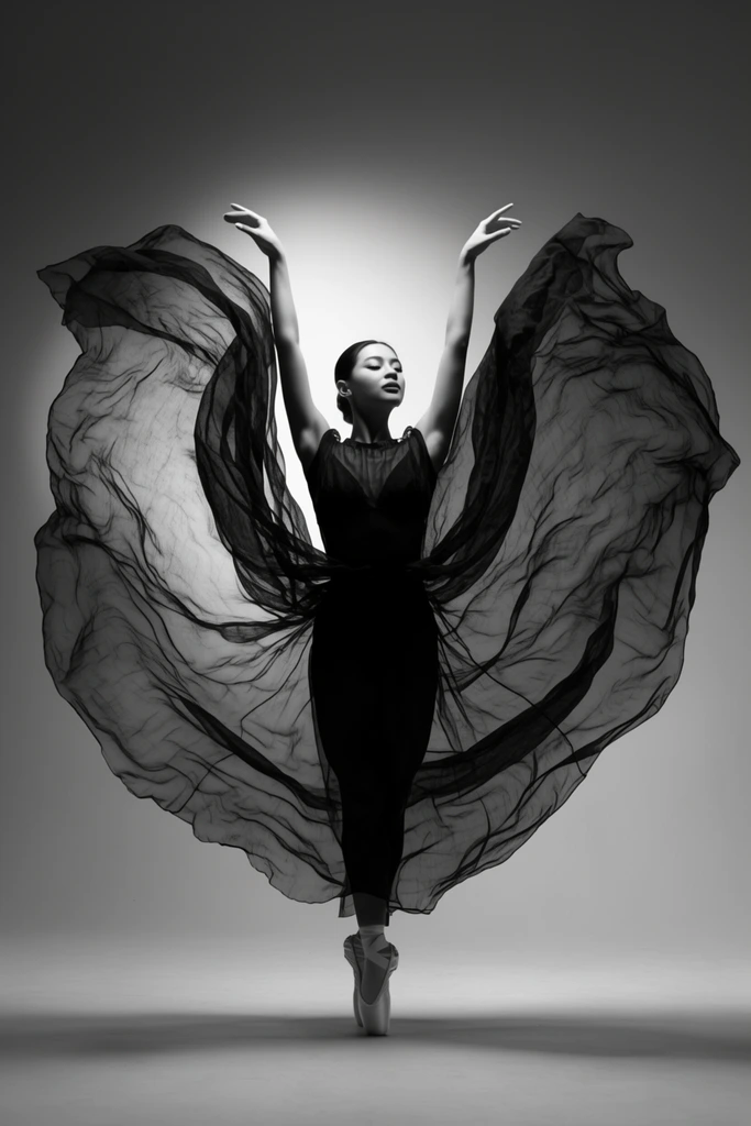 A black and white studio photograph of a ballet dancer poised gracefully en pointe. She wears a sheer black costume with massive sweeping fabric billowing around her raised arms, forming striking wing-like silhouettes in mid-air. A central spotlight creates a soft gradient on the minimalist backdrop, highlighting the delicate translucent texture of the floating material and casting her lower body in a deep, high-contrast silhouette.