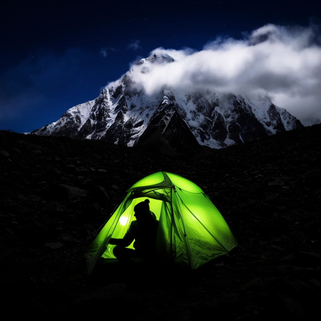 glowing neon green camping tent illuminated from within, silhouetted figure in the open flap, pitch-black rugged rocky terrain, towering snow-capped mountain peak, thick white clouds clinging to the summit, deep blue night sky with faint stars, high contrast night photography