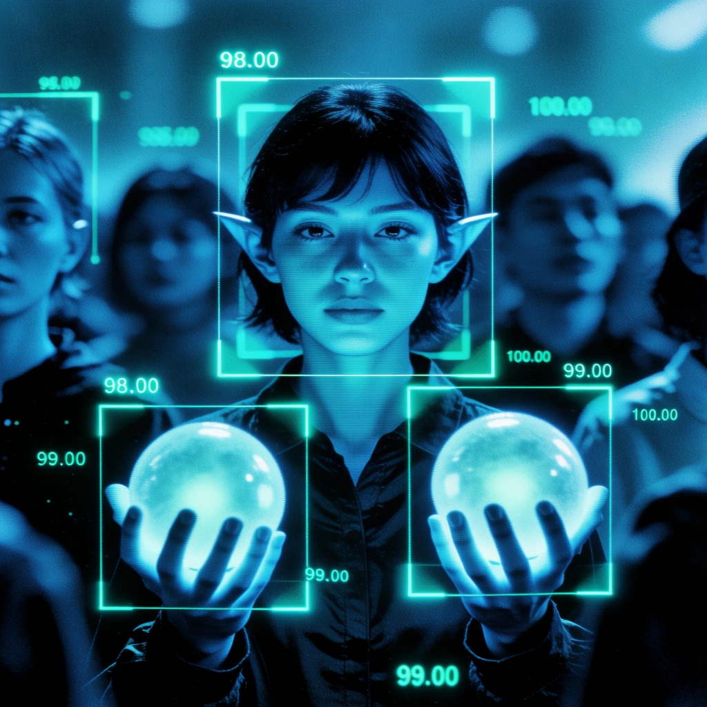 cyan-monochrome thermal imaging of an elf holding glowing orbs in a crowd, clinical surveillance aesthetic, digital teal bounding boxes framing the face and magical spheres, floating numerical readouts with decimal points, grainy infrared sensor noise, futuristic hud overlay, layered technical ui elements, shallow depth of field with blurred background figures, sharp graphic overlays, high-contrast scan visualization, data-driven composition, biometric tracking style