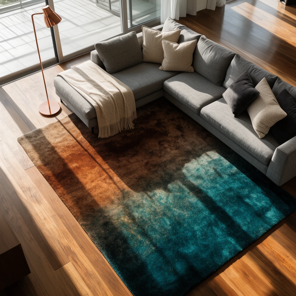Modern gray L-shaped sectional sofa, scattered beige and dark gray pillows, draped fringed blanket, large plush gradient rug shifting from warm brown to deep teal, sleek copper floor lamp, sunlit hardwood floors, sliding glass doors, high-angle architectural photography, dramatic natural lighting, long shadows, contemporary interior