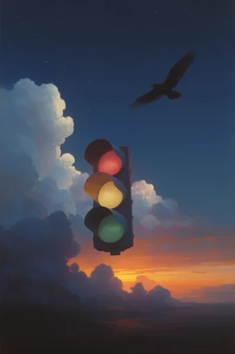 Cosmic Twilight Surrealism style reference image — twilight gradient sky