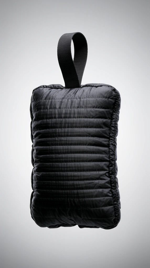 A floating black quilted pouch with a top webbing loop handle. The puffy rectangular object features horizontal ribbed stitching and a textured nylon surface, slightly crinkled to reveal a soft, filled structure. Set against a minimalist seamless studio background with a light-to-dark grey radial gradient. Sharp product photography with even lighting highlighting the fabric texture.