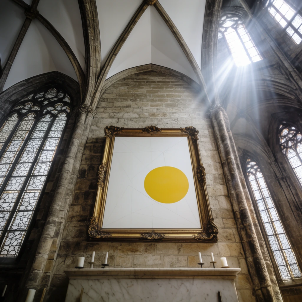 A low-angle architectural photograph capturing the soaring interior of a Gothic stone building, centered on a large rectangular canvas in an ornate antique gold frame mounted high on a textured ashlar wall. The canvas features a stark white background accented by faint geometric lines and a solid yellow circle. Beneath the frame, a smooth marble ledge holds several unlit white candles in minimal holders. Towering pointed-arch windows with intricate leaded glass tracery flank the central wall on both sides. Ribbed stone vaults support a high ceiling constructed with bright white panels. Dramatic volumetric light rays stream through the upper window on the right, casting an ethereal glow over the rough-hewn stone columns and highlighting the grand, imposing scale of the interior space.