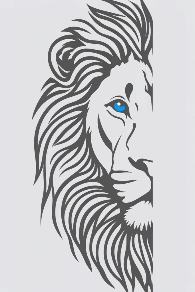 stylized lion head half-profile, dark grey contour lines forming a mane, bright blue eye accent, minimalist vector graphic, negative space design, light grey background