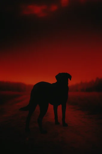 Crimson Thermal Noir style reference image — retro-futuristic haze