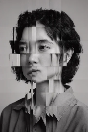 Monochrome Glitch Fragmentation style reference image — pixel-sorted distortion